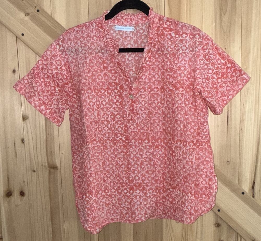 LE BAZAR COASTAL Delphine Coral Floral Block Print Cotton Button Up Shirt Sz S